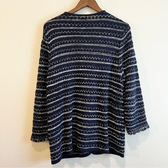 Chico's Cardigan Sweater Navy Stripes Fringe Beachy Nautical Boho Art Inspo XL - Picture 9 of 10